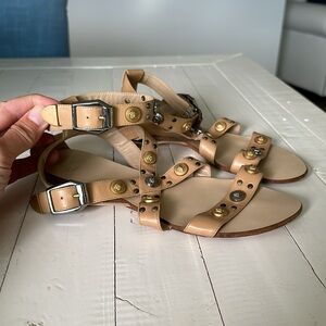 Versace Tan Leather Gold Silver Medusa Flat Ankle Strap Sandals - Size 39